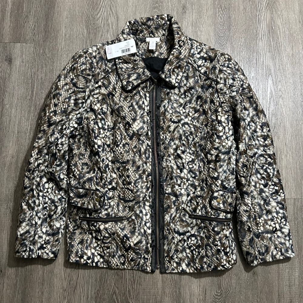Chico's Faux Fur Jacket 3 Black Brown Animal Print‎ Queen of Elegance Margaret